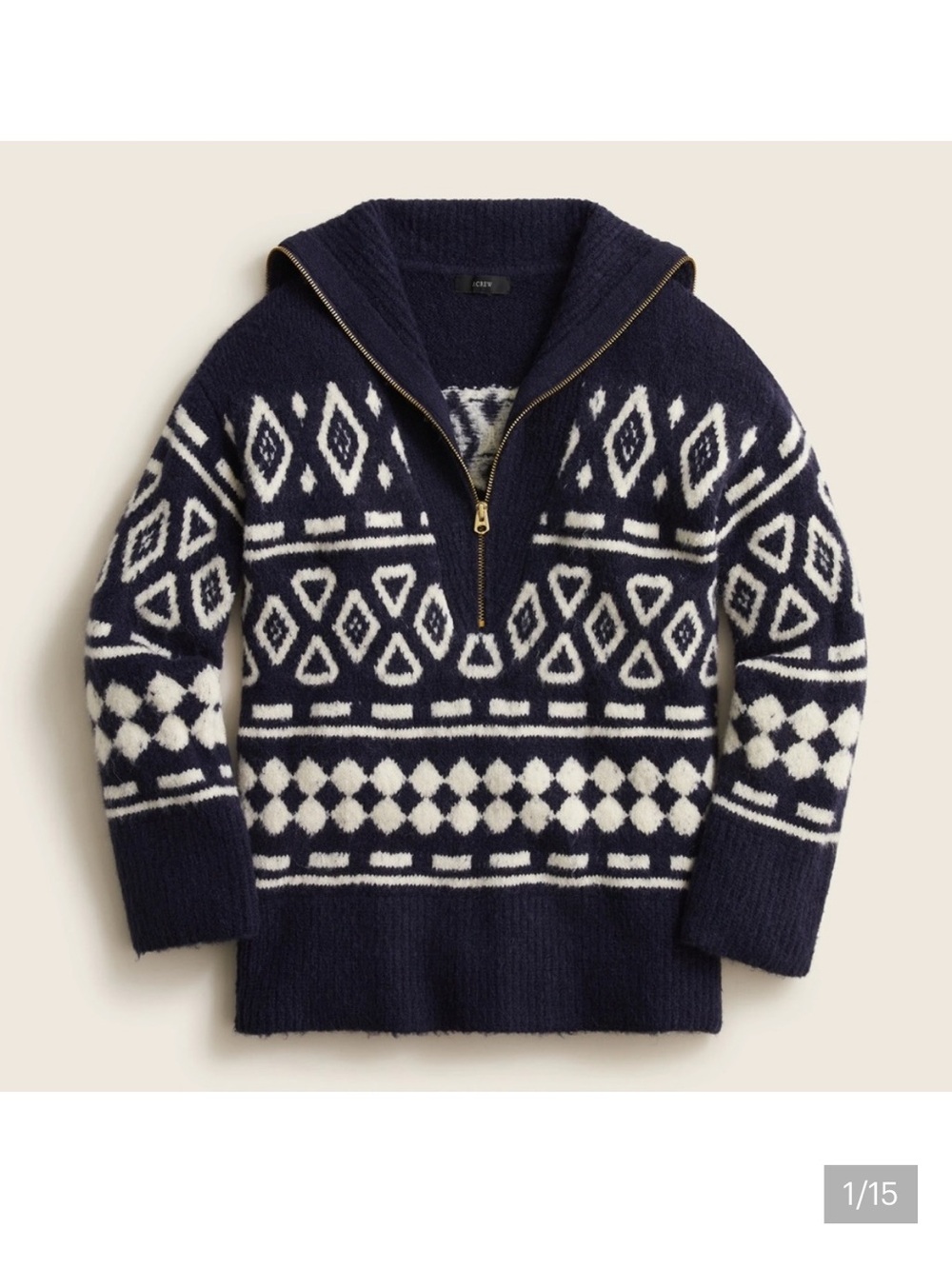 J. Crew Relaxed Navy & White Geometric Half-Zip Sweater w/ Exaggerated Neck